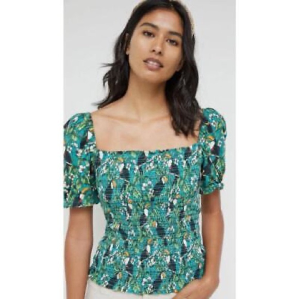 Anthropologie Dolan Smocked Puff Sleeve Top Green Toucan Tropical Petite Small